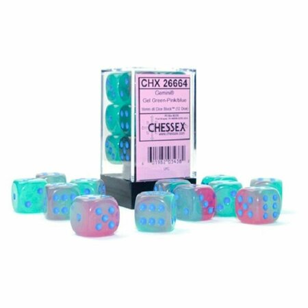 TIME2PLAY 16 mm D6 Cube Gemini Luminary Gel Green & Pink Dice with Blue Pips, 12PK TI3295346